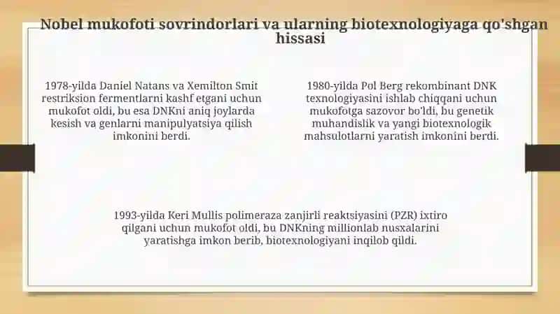 Nobel mukofoti sovrindorlari ularning biotexnologiyaga qoʻshgan xissasi 4