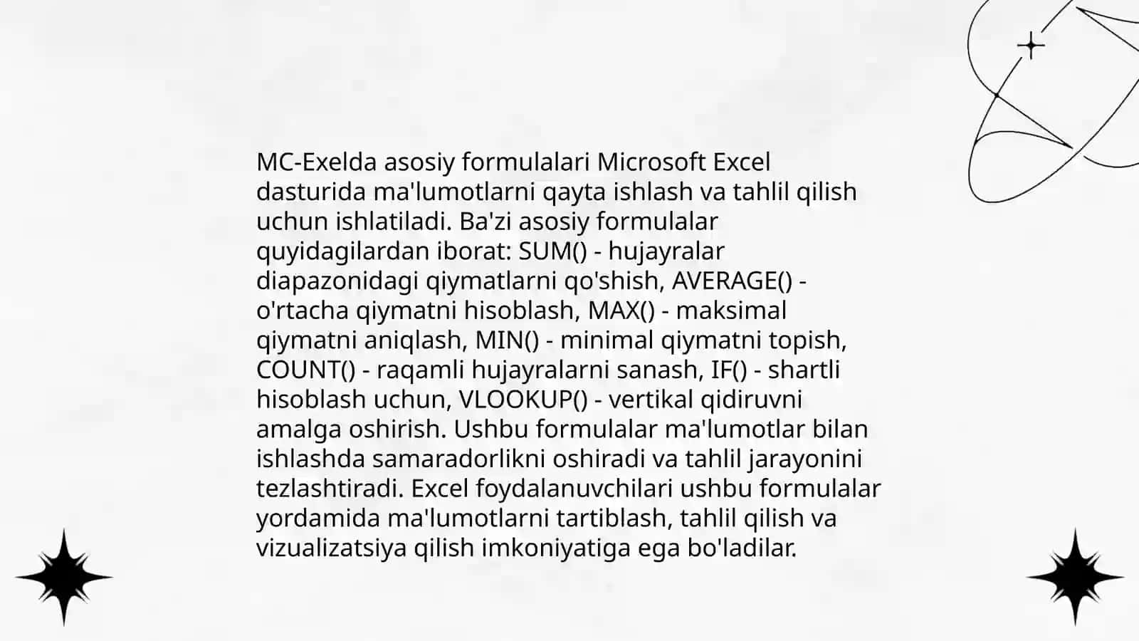 Jadval ma'lumotlar va ularni qayta ishlash dasturlari. MC-Exelda ma'lumotlarni qayta ishlashda formulalardan foydalanish 4