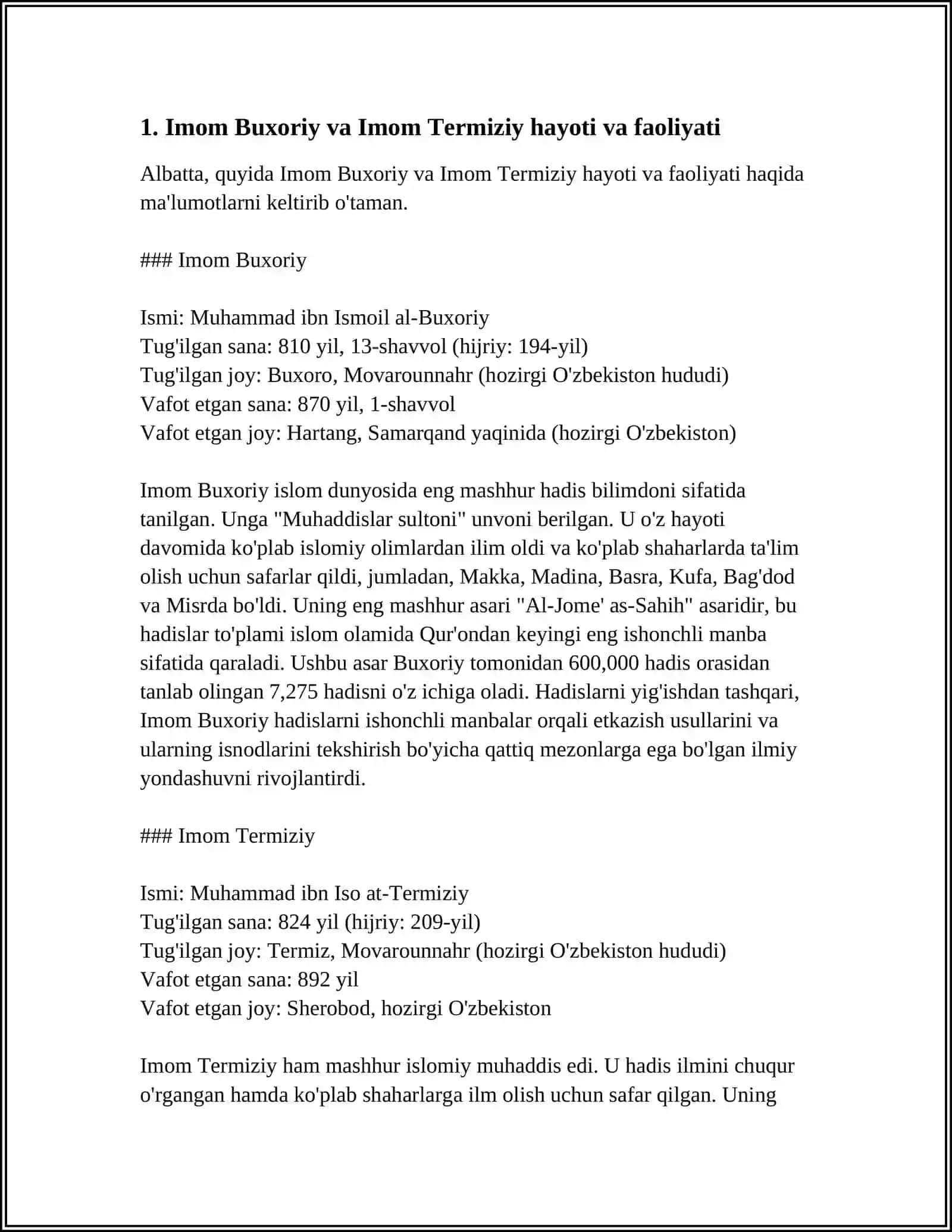 IMOM BUXORIY VA IMOM TERMIZIYNING HADIS ILMIGA QOʻSHGAN HISSALARINI QIYOSIY TAHLILI 4