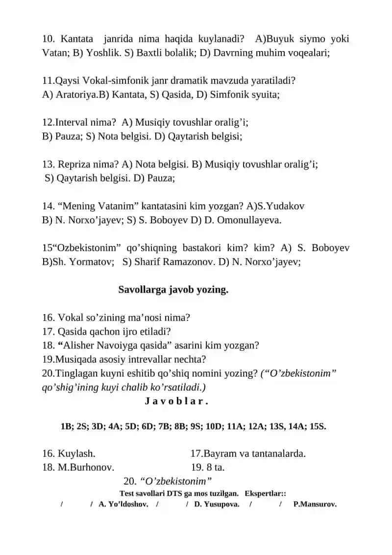 5-sinf uchun musiqa fanidan test savollari 4