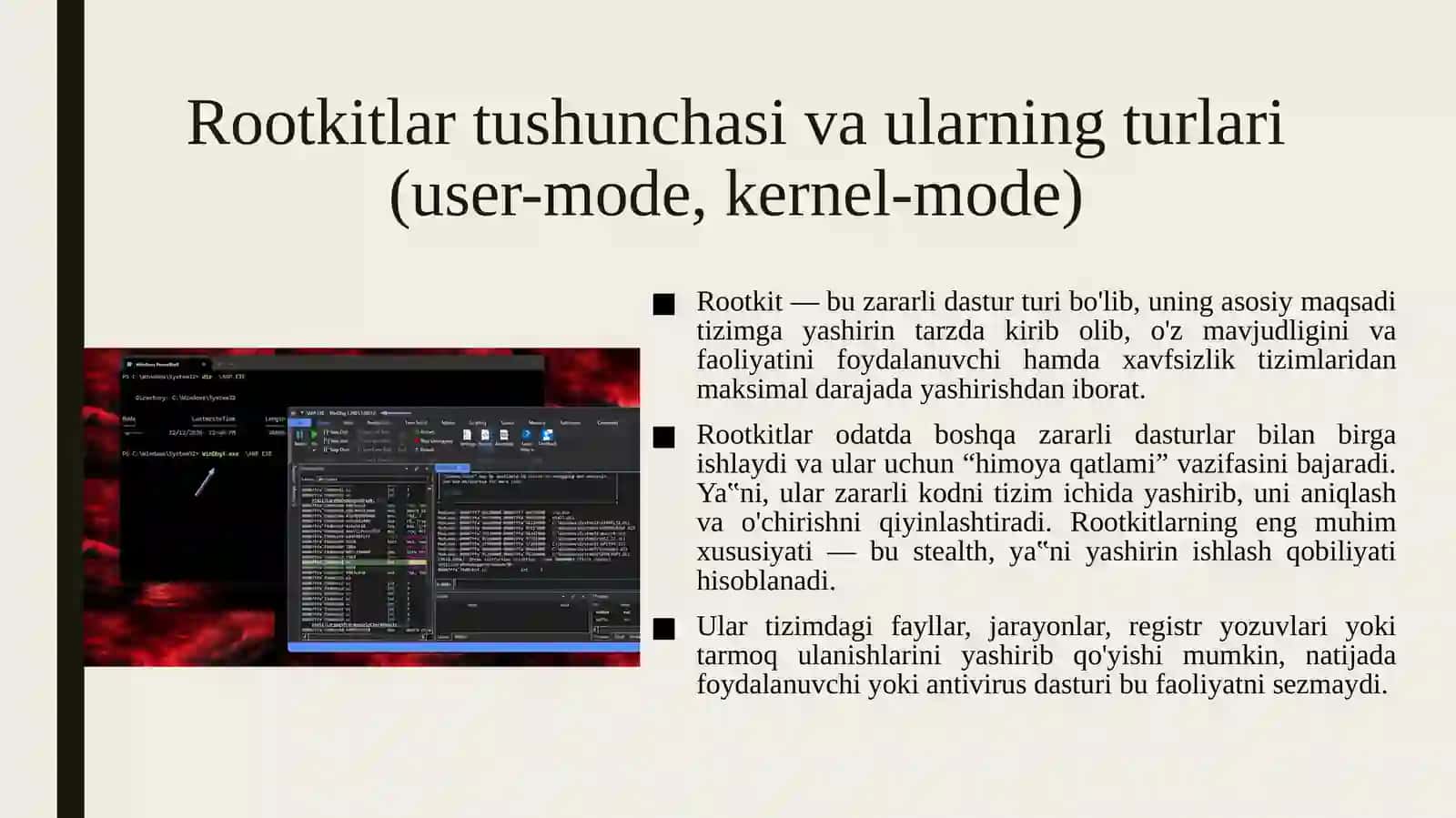 Rootkitlarni tahlil qilishda WinDbg vositasidan foydalanish va o‘zak sathidagi zaifliklarni o‘rganish. 4