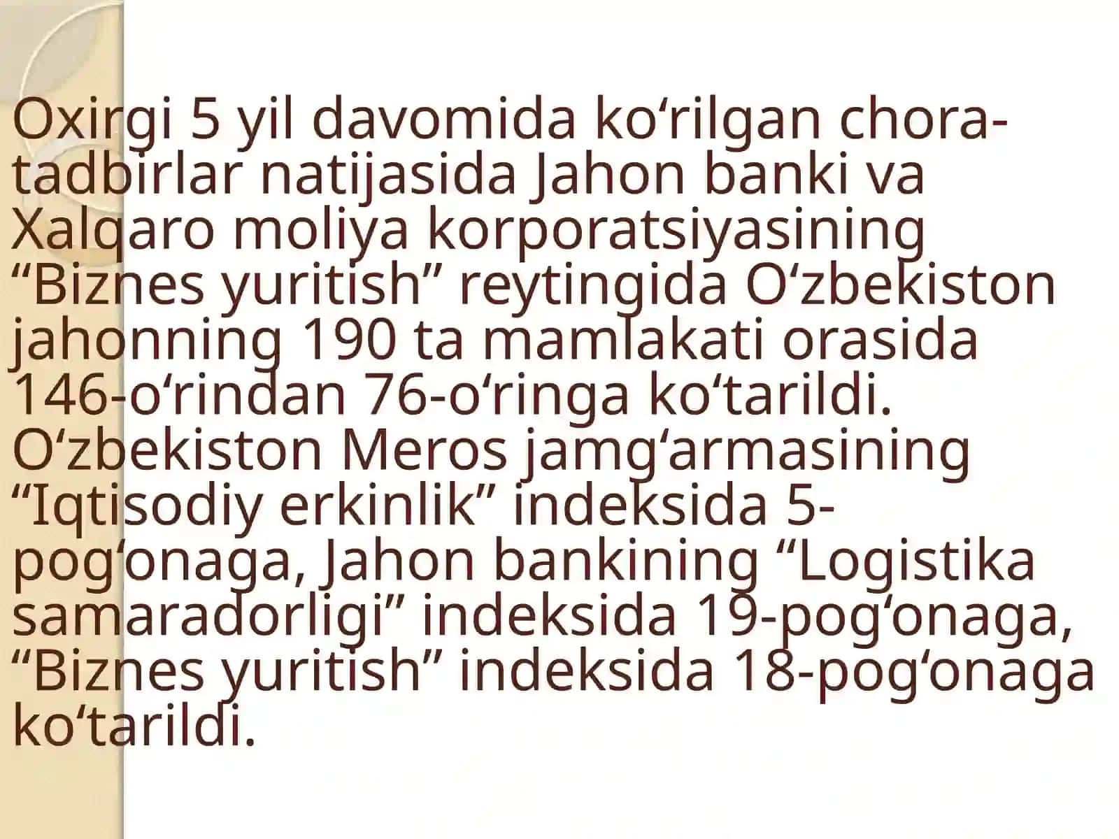 Yangi O‘zbekiston ijtimoiy-siyosiy, iqtisodiy va madaniy hayotida roʻy berayotgan oʻzgarishlarning xalqaro reyting va indekslarda aks etishi 4