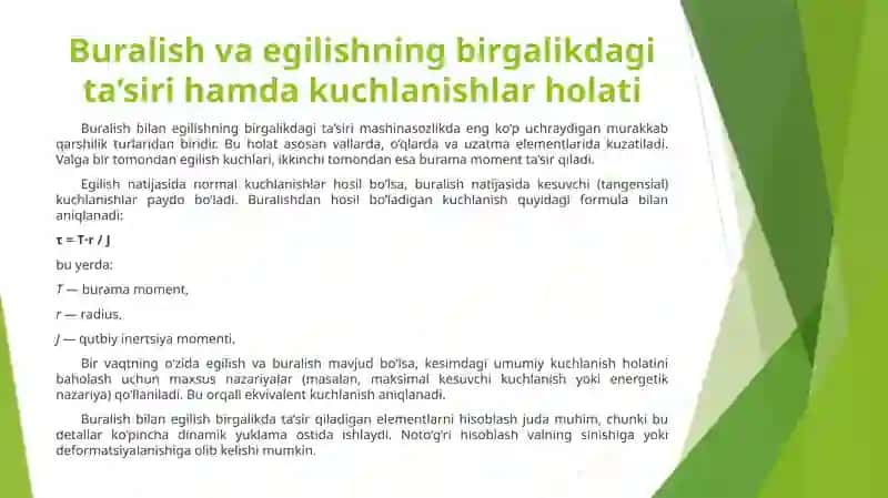 Murakkab qarshilik. Asosiy tushunchalar. Cho‘zilish bilan egilish va buralish bilan egilishning birgalikdagi ta’siri. Inertsiya kuchlari va momentlari. Mexanizmlarni kinetostatik hisoblash. 4