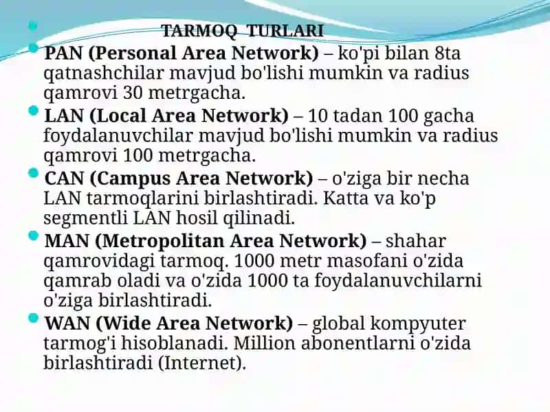 WANtarmoqlarida qo’llaniladigan standart texnalogiya 4