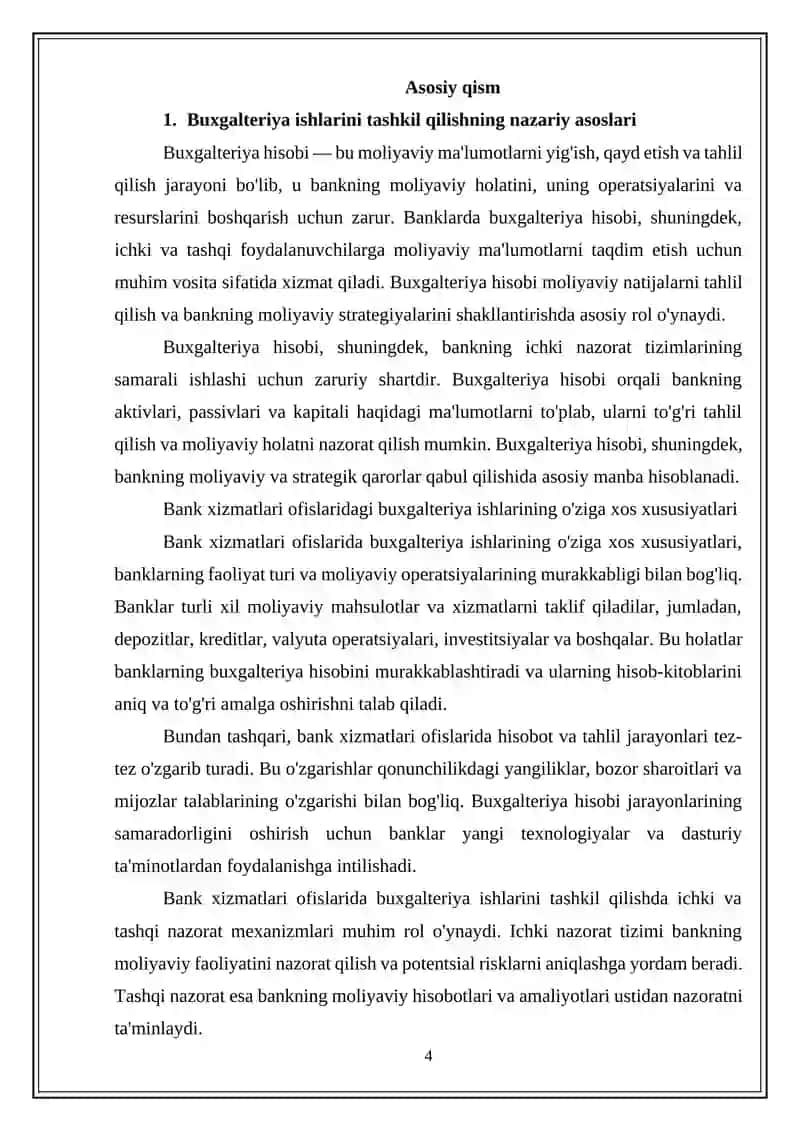 BANK XIZMATLARI OFISLARIDA BUXGALTERIYA ISHLARINI TASHKIL QILISH ASOSLARI rEFERATI 4