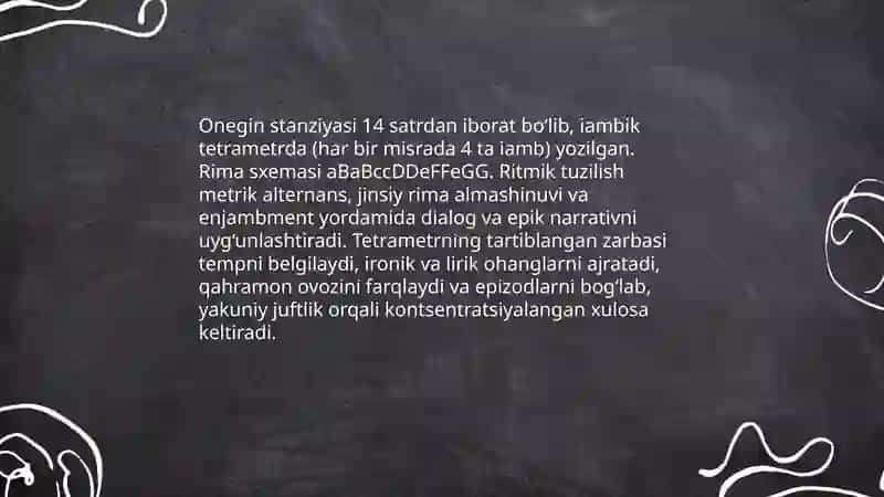 Pushkinning "Evgeniy Onegin" she'riy romanini ritm va metrini oʻrganish 4