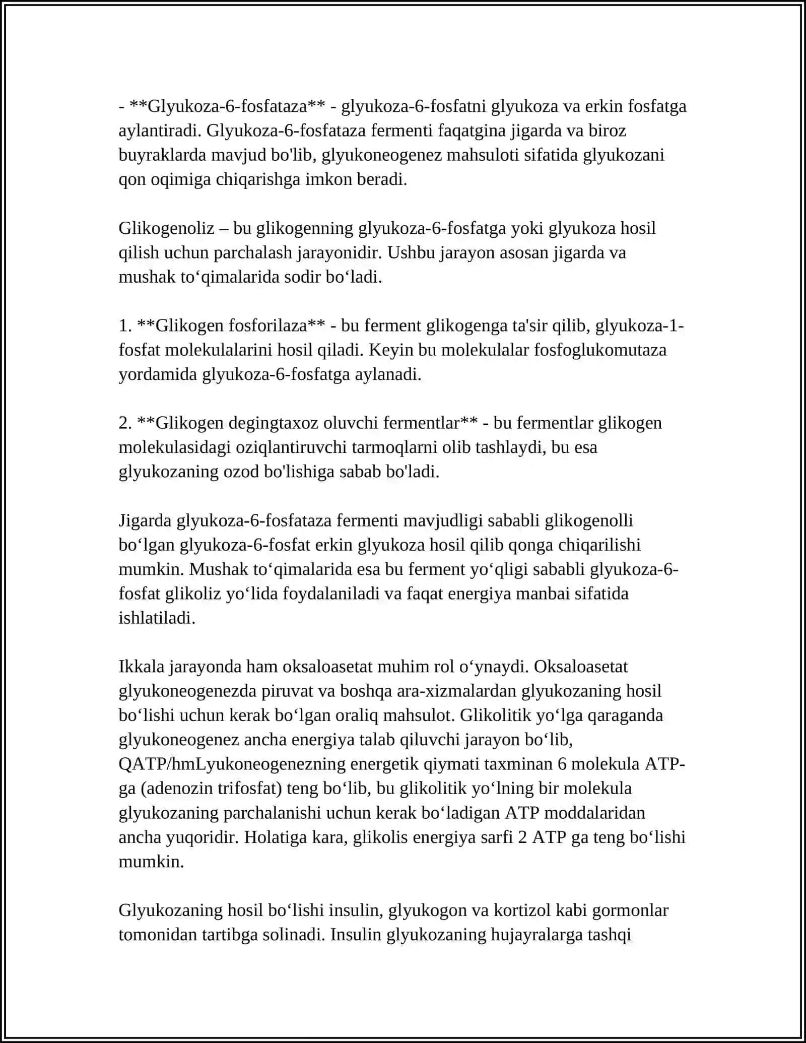 MUSTAQIL ISH Mavzu: GLUKOZANING HOSIL BÕLISH VA PARCHALANISH JARAYONI 4