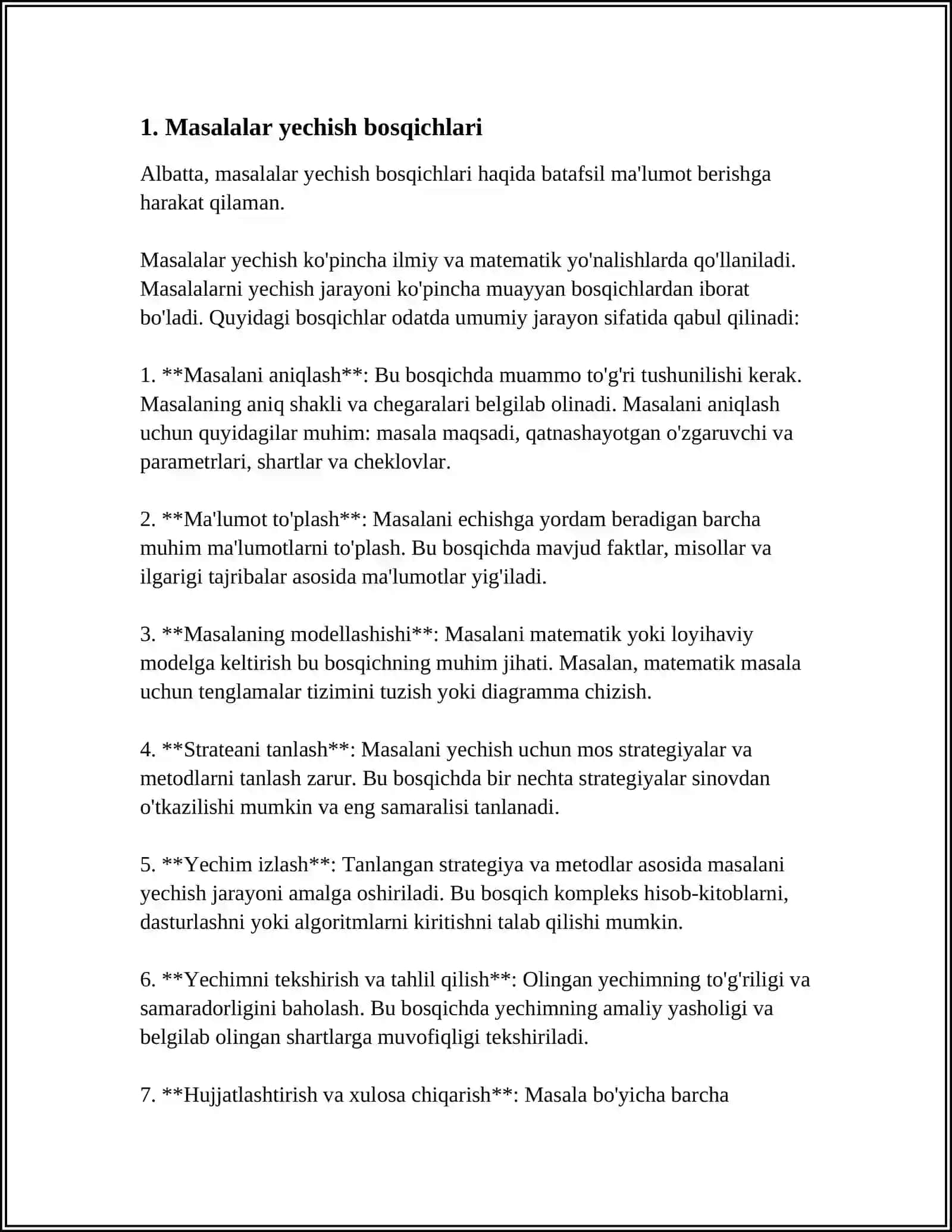 MASALALAR YECHISHGA ÒRGATISH BOSQICHLARI VA UNING MANTIQIY ASOSI. MASALALAR TURLARI VA UNING USTIDA IJODIY ISHLASH 4