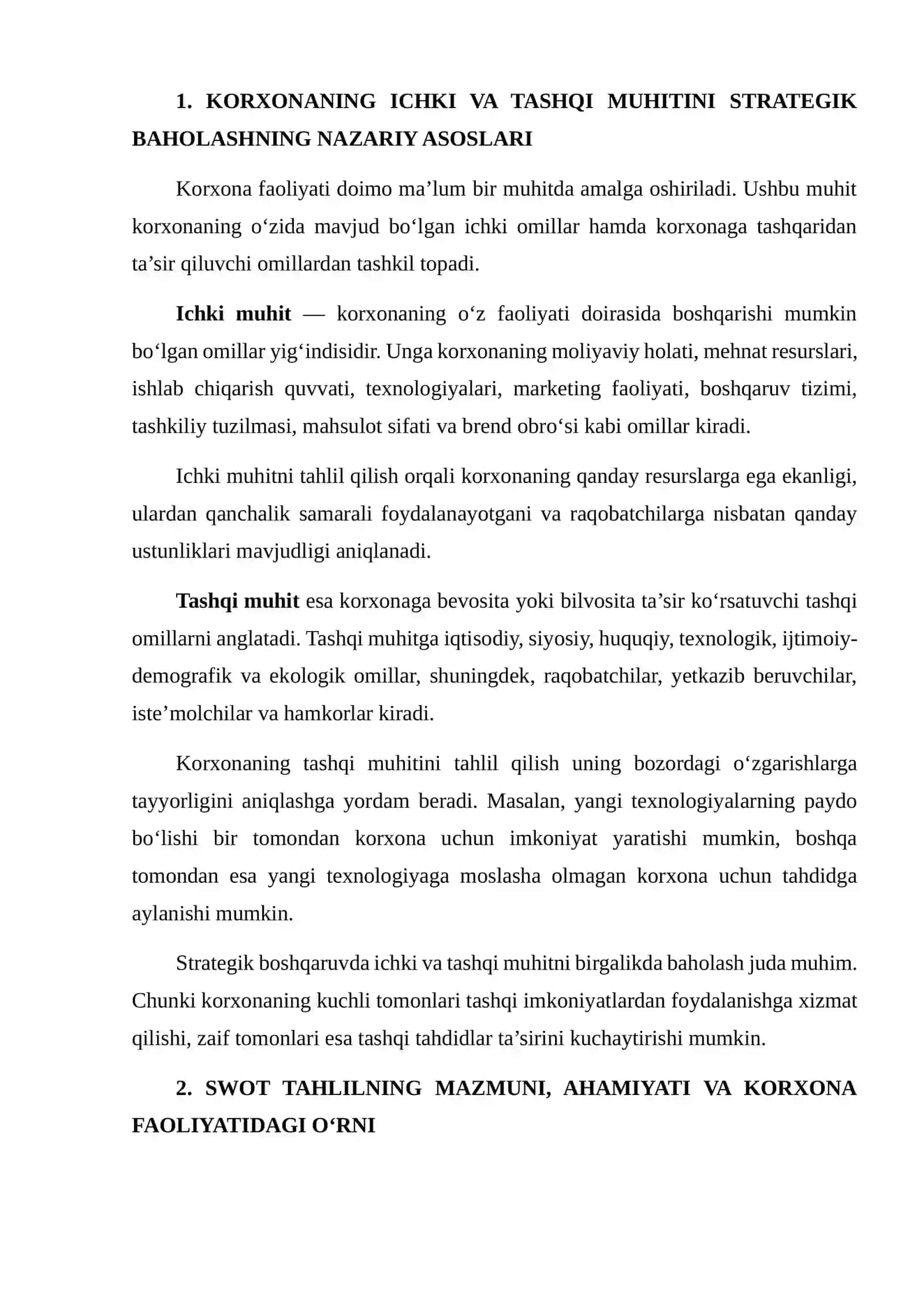 TANLANGAN KORXONANING ICHKI VA TASHQI MUHITINI SWOT TAHLIL ASOSIDA BAHOLASH VA STRATEGIK USTUVORLIKNI ANIQLASH 4