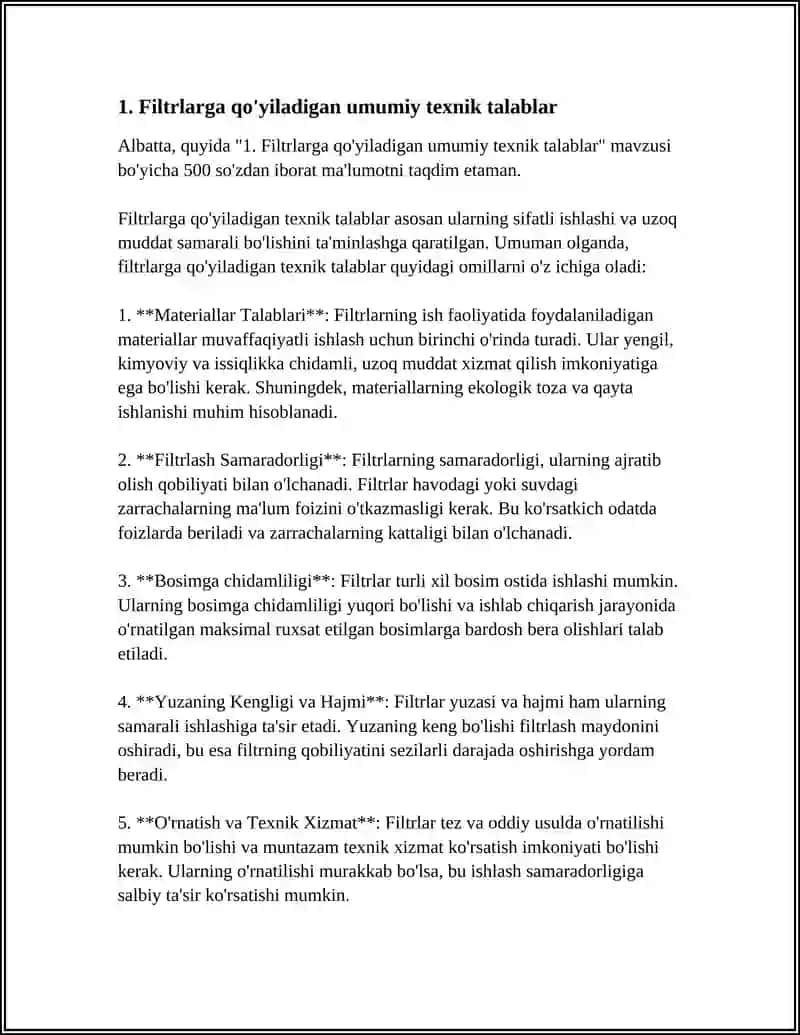 FILTRLARGA QO'YILADIGAN ASOSIY TALABLAR 4