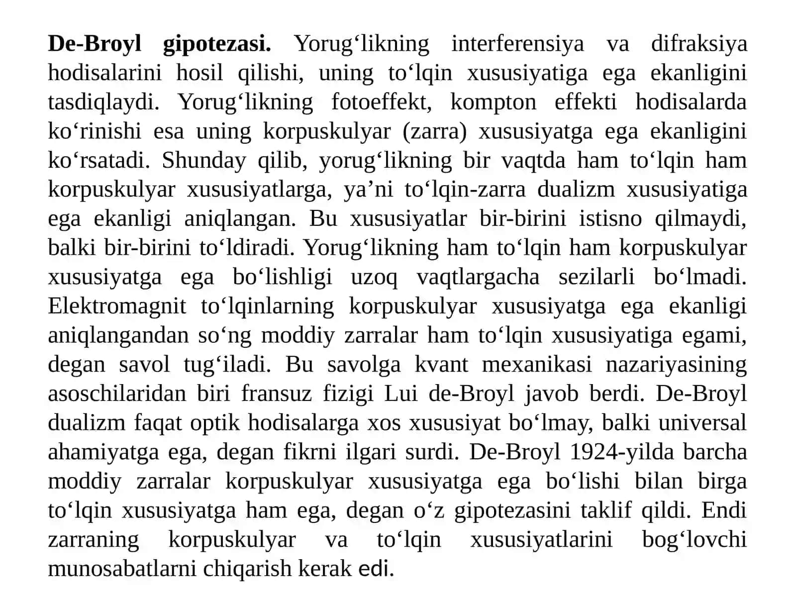 De-Broyl gipotezasi. Zarralar to‘lqin xususiyatlari. Devisson-Jermer va Tomson- Tartakovskiy tajribalari. Biberman, Fabrikant va Sushkin tajribalari De-Broyl to‘lqinining xususiyatlar. To‘lqin paketi. Broyl to‘lqinining statistik talqini Noaniklik munosabati. Zarralar to‘lqin xususiyaglarining amalda qo‘llanilishi.Neytronlarni kristallardagi difraksiyasi. Neytronografiya 4