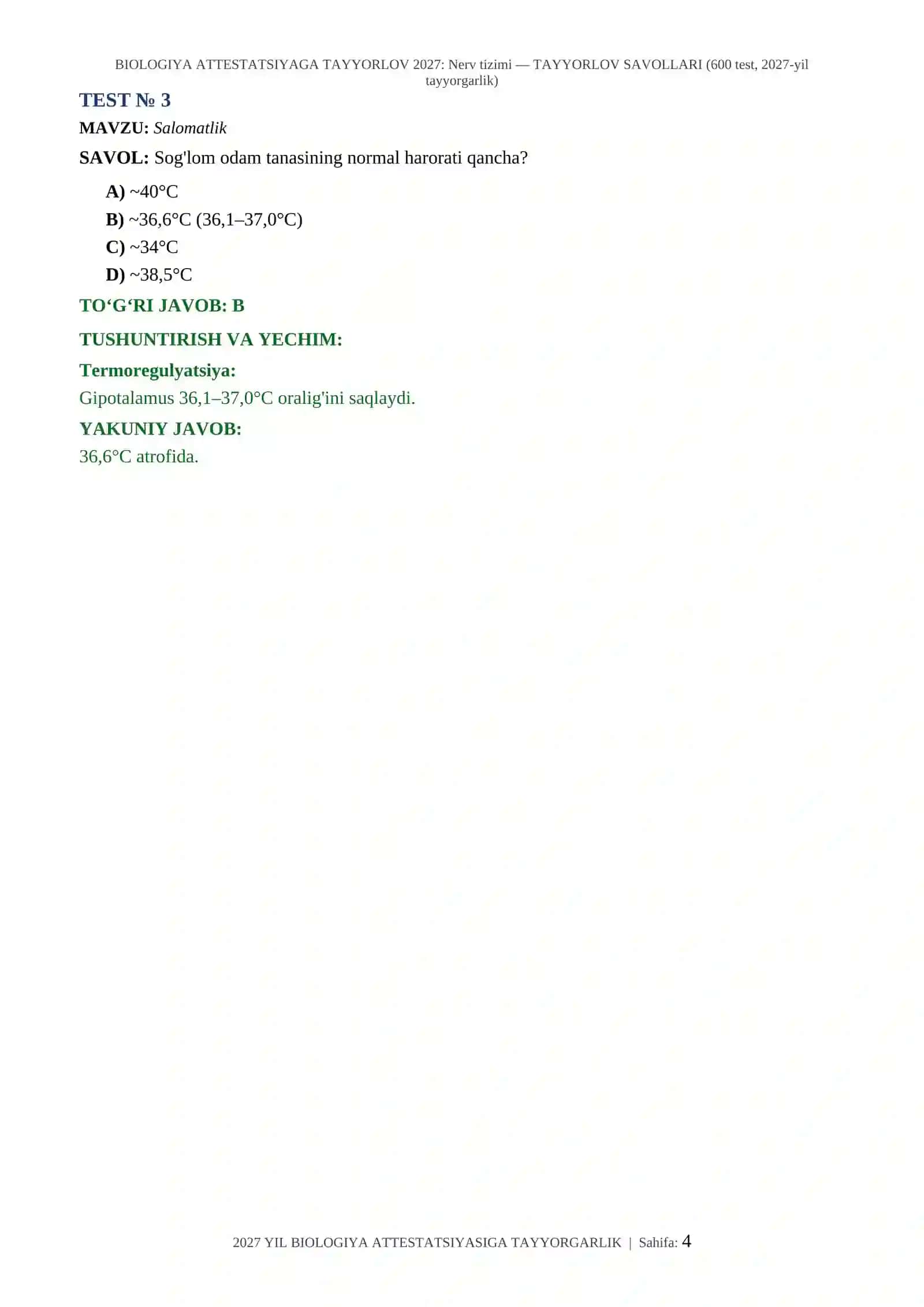 BIOLOGIYA ATTESTATSIYAGA TAYYORLOV 2027: Nerv tizimi — TAYYORLOV SAVOLLARI (600 test, 2027-yil tayyorgarlik) 4