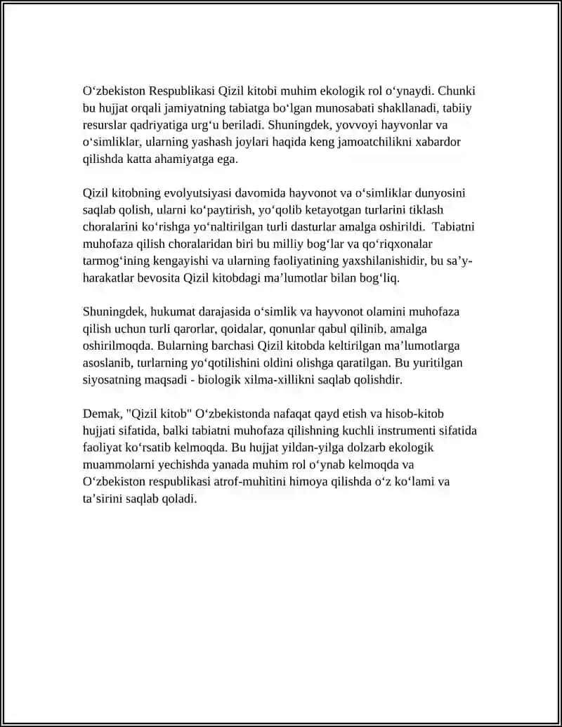 O‘ZBEKISTON RESPUBLIKASI "QIZIL KITOBI" VA UNING ATROF-MUHITNI MUHOFAZA QILISHDAGI OʻRNI 4