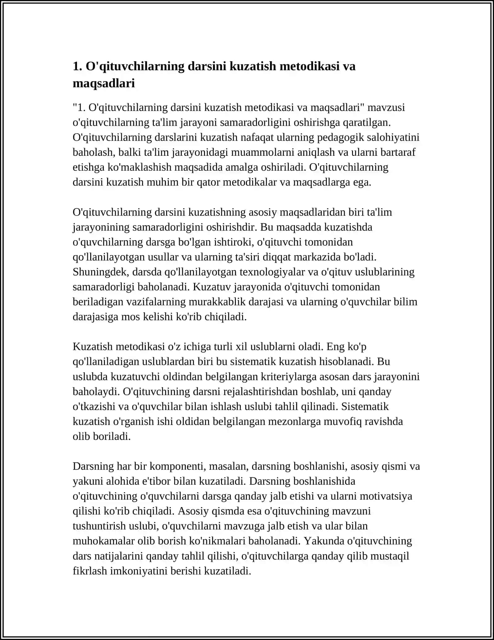 FAKULTET ( O'RTA MAKTAB, AKADEMIK LITSEY, KASB-HUNAR KOLLEJI) O'QITUVCHILARNING DARSLARINI KUZATISH VA DARS FRAGMENTINI YARATISH 4