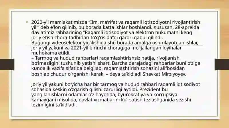 Prezident Shavkat Mirziyoyevning iqtisodiy sohadagi islohotlari 4