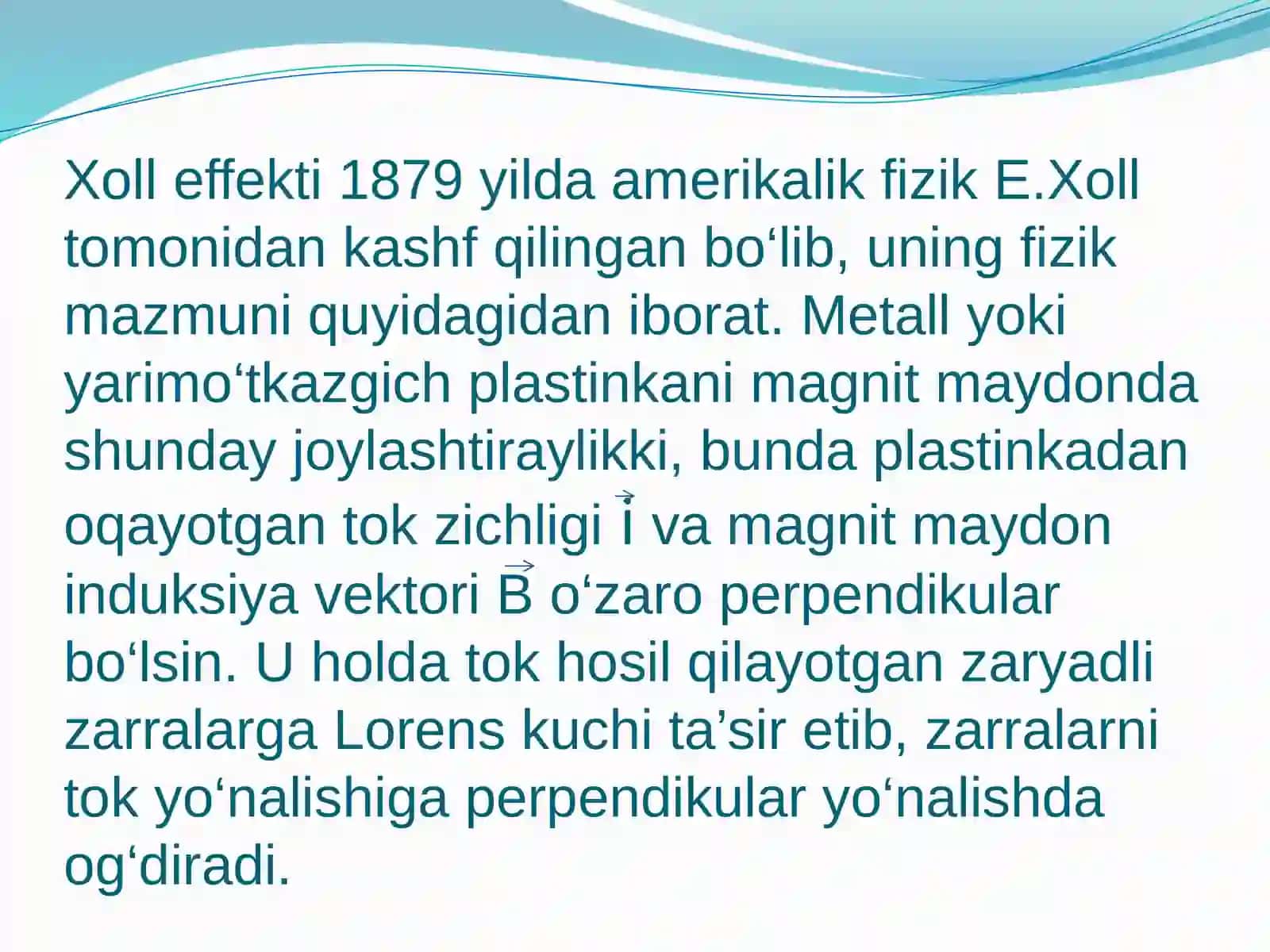 Xoll effektini o’rganish, qurilmasi ishlatish jarayoni va elektrofizik natijalarni olish mavzusida tayyor taqdimoti 4