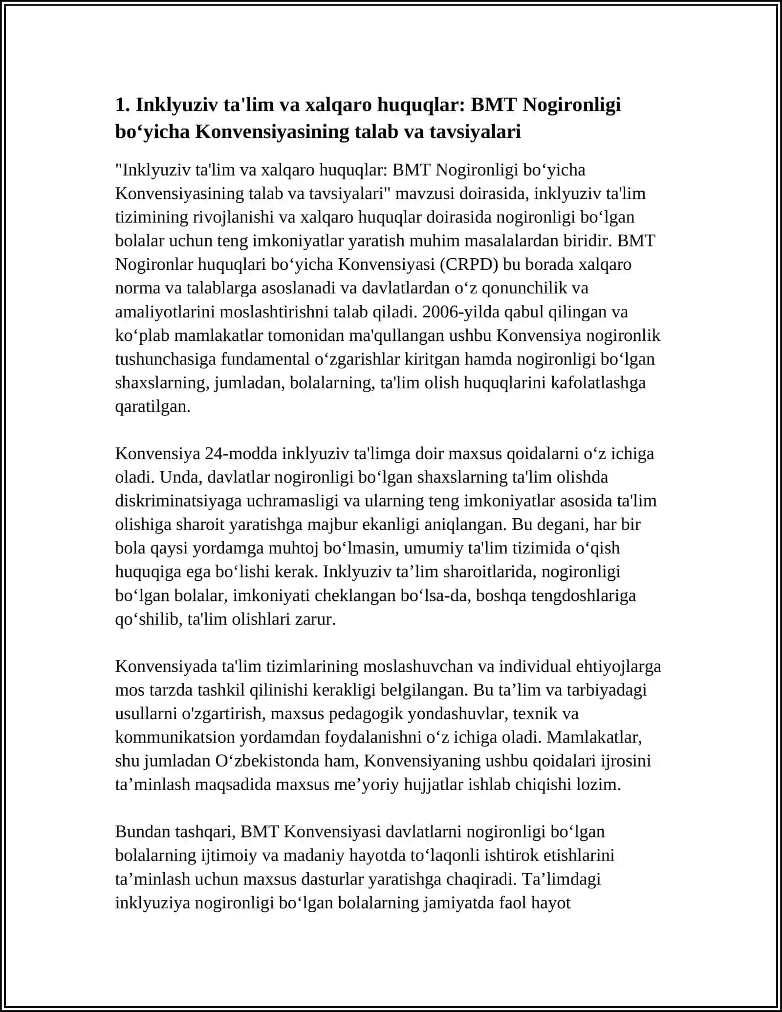 IMKONIYATI CHEKLANGAN BOLALARNI MAKTABGACHA TA’LIM TASHKILOTLARIDA TA’LIM-TARBIYA BERISHDA KONSEPTUAL TALABLAR. INKLYUZIV TA’LIM VA XALQARO XUQUQLARI 4