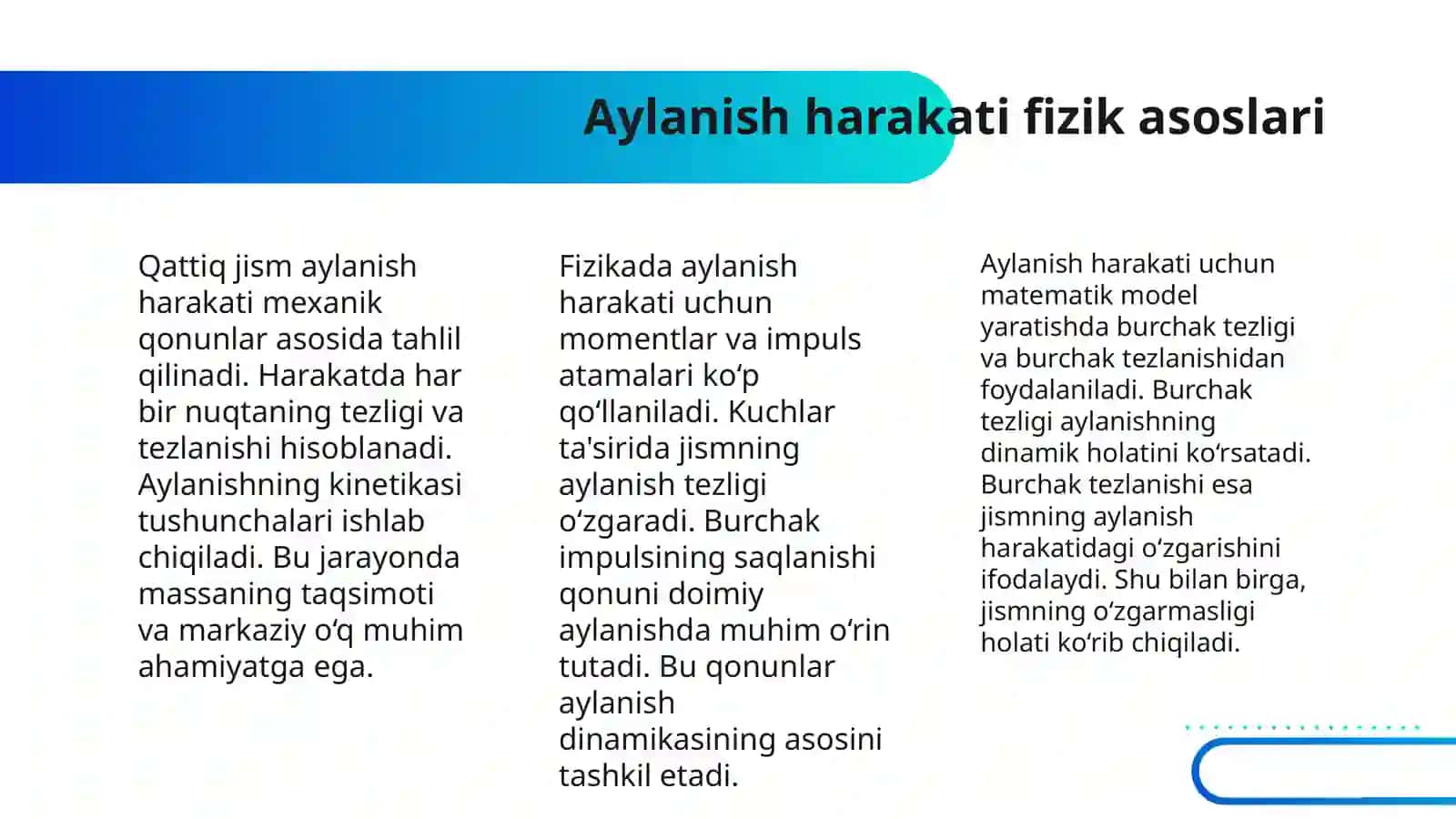 QATTIQ JISMNING AYLANISH HARAKATI VA BURCHAK KATTALIKLARI 4