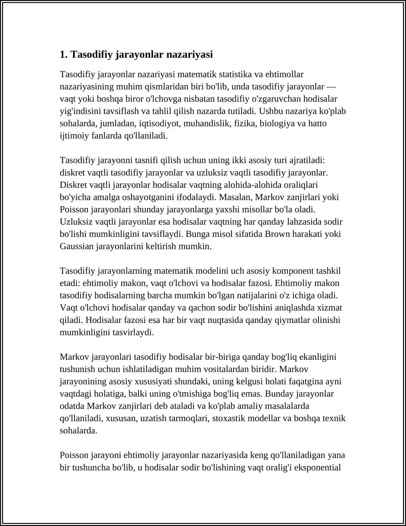 STOXASIK JARAYONLAR VA EHTIMOLLAR NAZARIYASI TASODIFIY JARAYONLARNI MODELLASHTIRISH VA NAZARIYASINING AMALIY QÒLLANILISHI 4