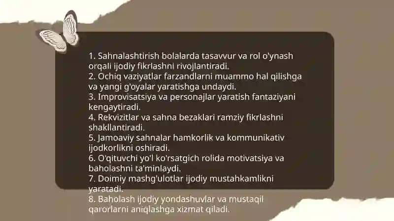 Maktabgacha taʼlim tashkilotida sahnalashtirish faoliyatining asosiy maqsadi 4