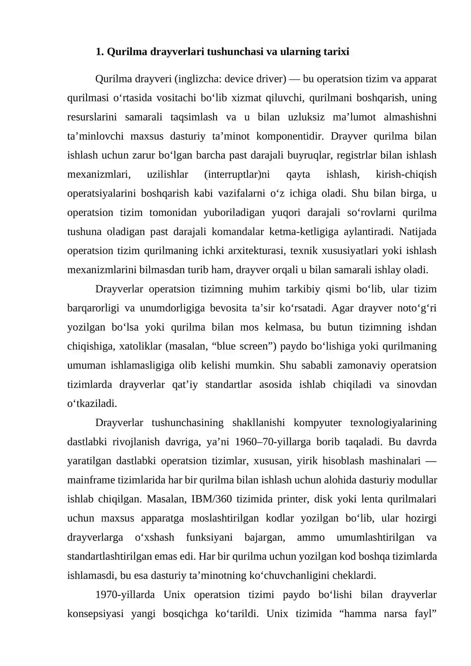 Qurilma drayverlari va ularning operatsion tizimdagi o’rni 4