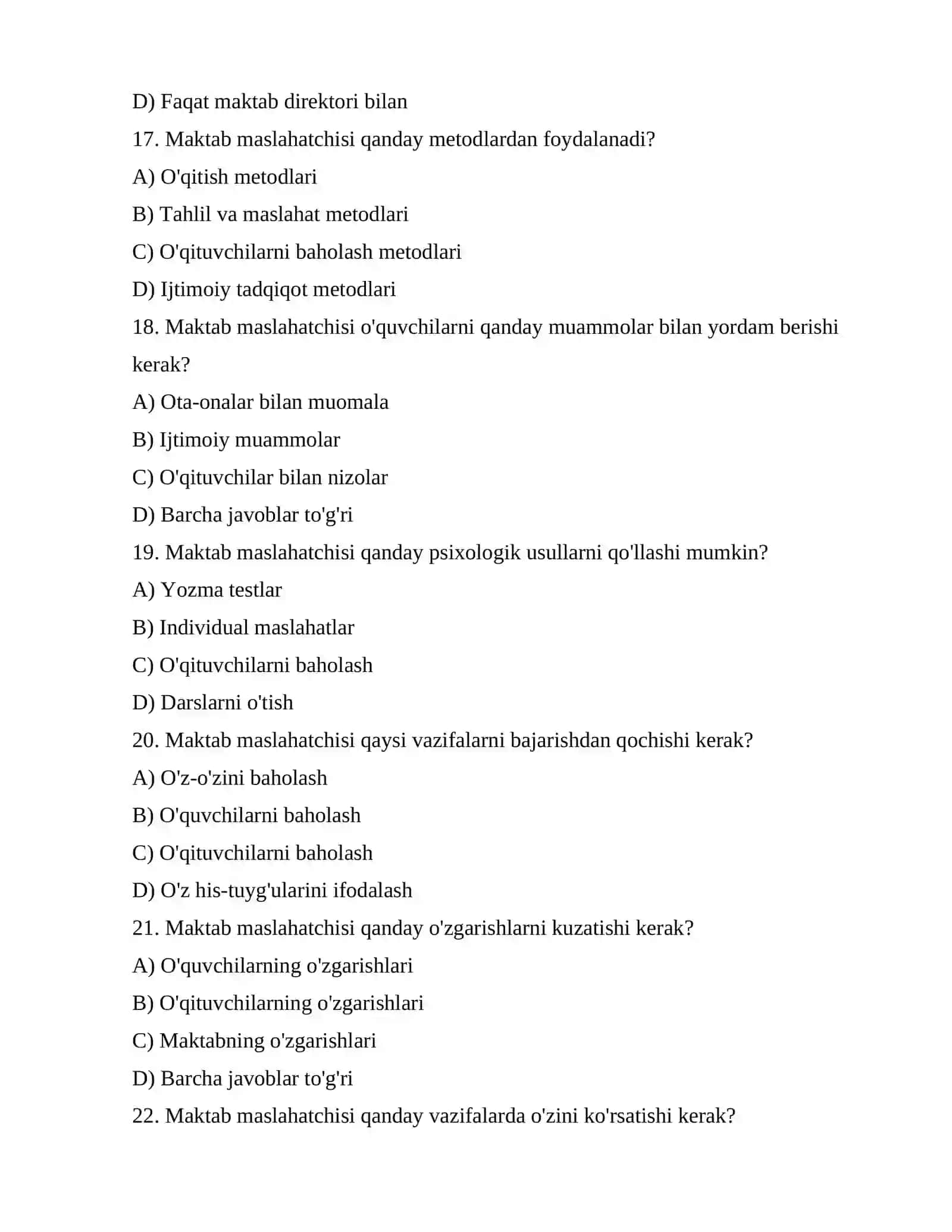 Maktab maslahatchisi lavozimi uchun testlar 4