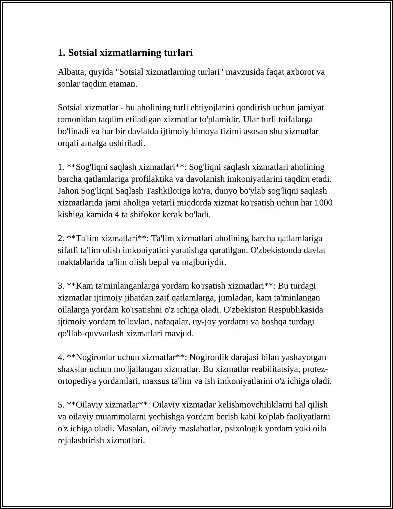 Sotsial xizmatlarning turlari mavzusida 10 talik test 4