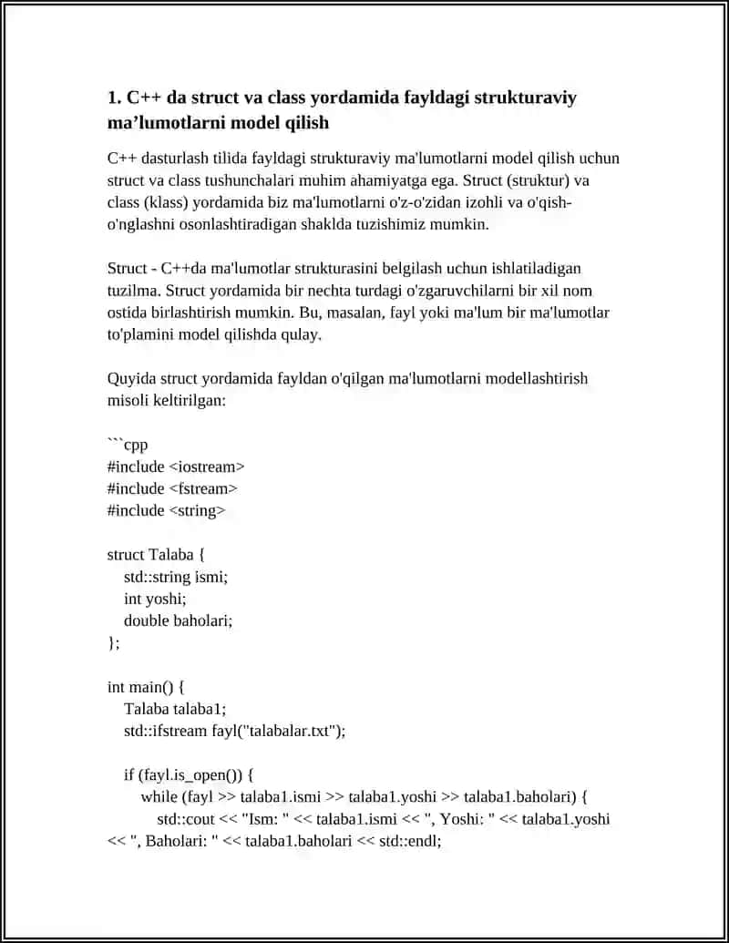 C++ DA FAYL TOIFASIDAGI STRUKTURAVIY MAʼLUMOTLARNI SOHA BOʻYICHA ISHLATGAN HOLDA DASTUR TUZISH 4