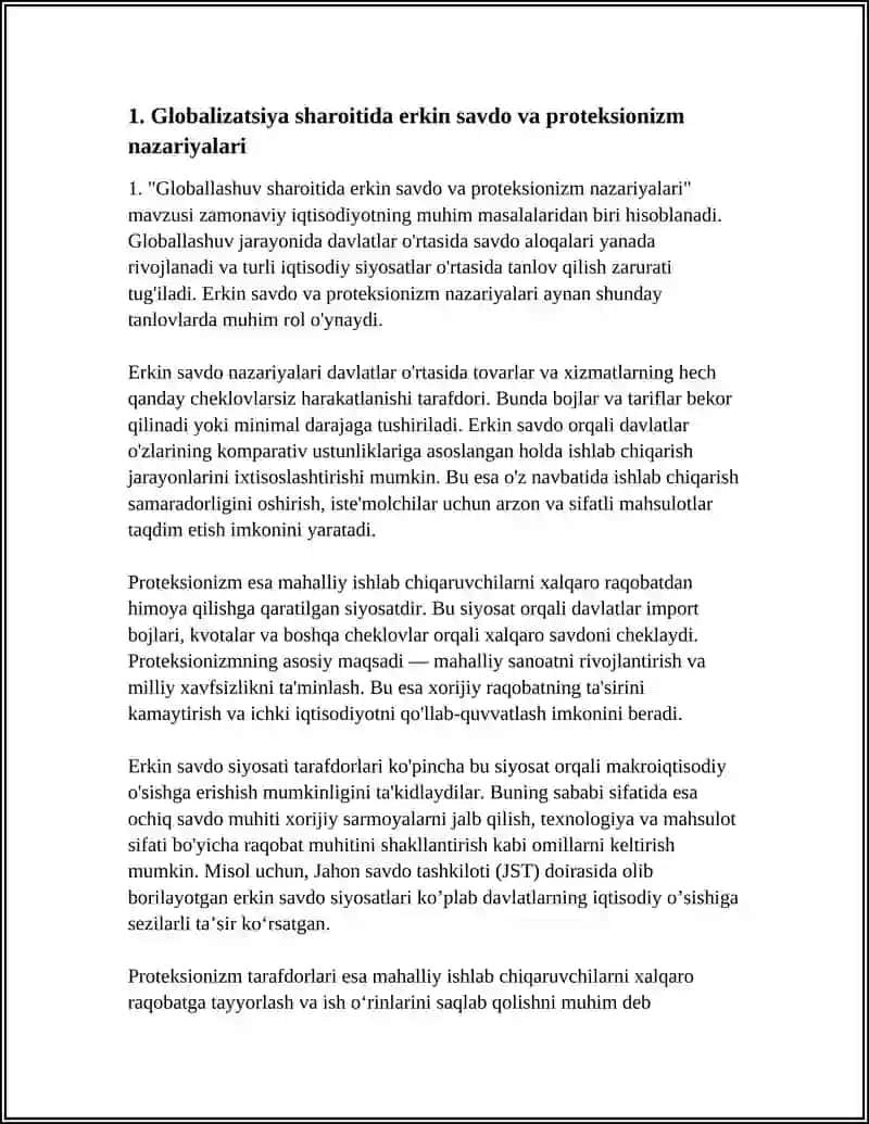 GLOBALLASHUV SHAROITIDA ERKIN SAVIOR VA PROTEKSIONIZIM SAVIOR SIYOSATLARI O‘TTASIDAGI NISBAT 4
