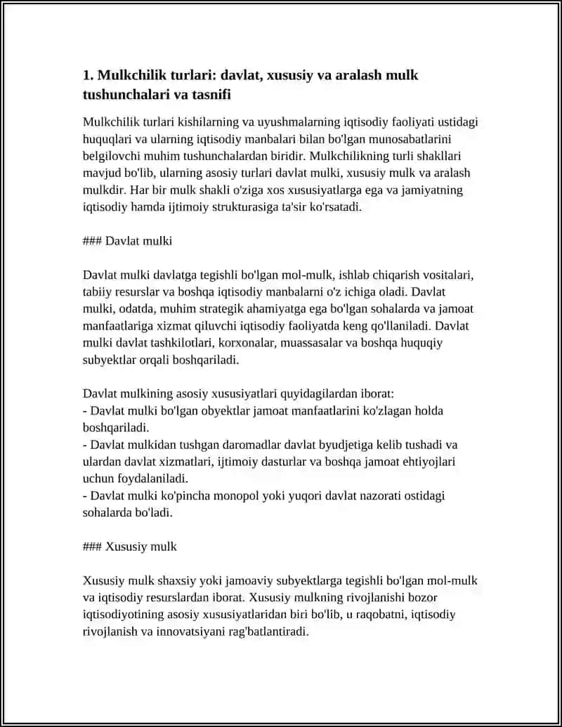 MULKCHILIK TURLARI: DAVLAT, XUSUSIY, ARALASH MULKNING IQTISODIY AHAMIYATI 4