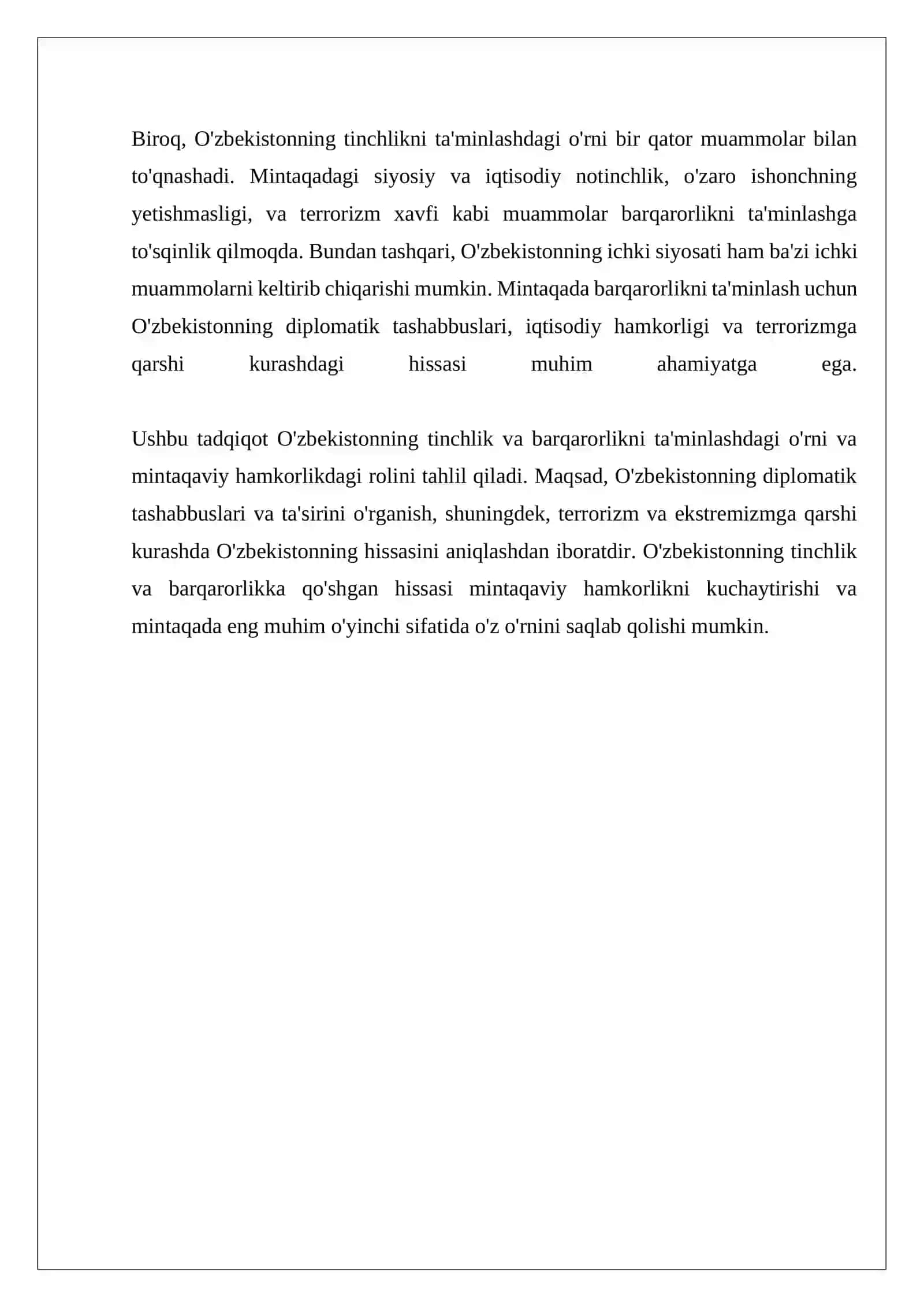 O'ZBEKISTONNING MARKAZIY OSIYODA TINCHLIK VA BARQARORLIKNI TA'MINLASHDAGI O'RNI 4