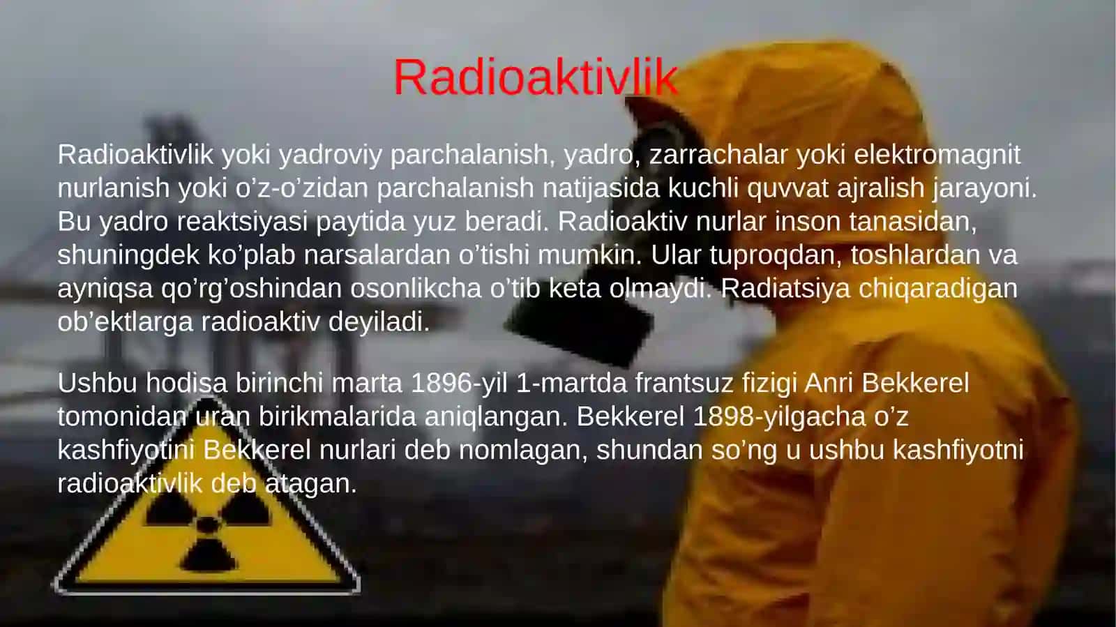 Radioto'lqinli jarrohlik. Radioaktivlik. Ionlantiruvchi nurlanishning organizmga tasiri 4