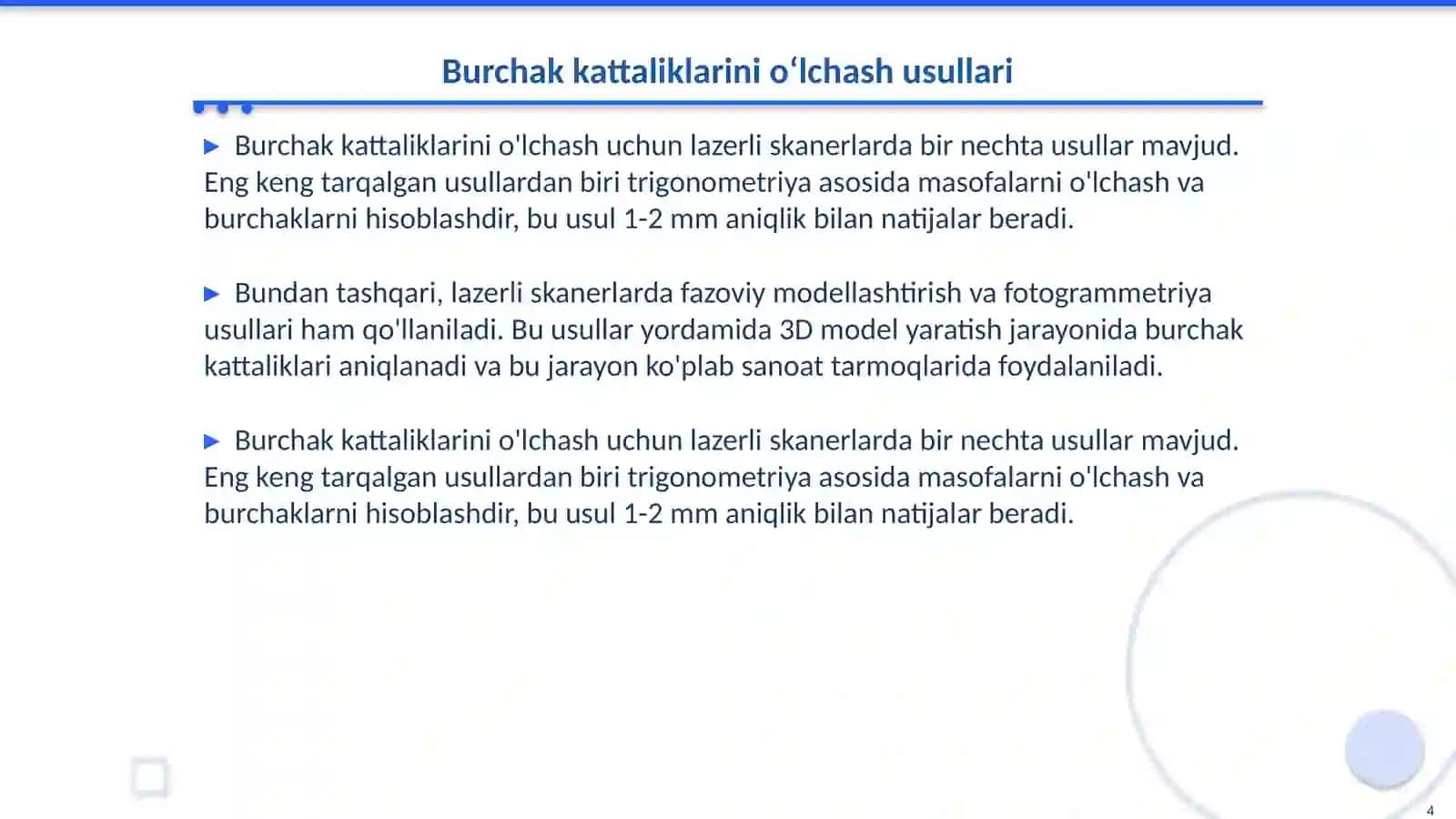 Yerdan bajarilgan lazerli skanerlashlarda burchak kattaliklarini o‘lchash usullari. Yerdan lazerli skanerlovchi skanerning obzori va klassifikatsiyasi. Yerdan lazerli skanerlashda xatoliklar manbalari. Trimble kompaniyasining yer usti lazerli skanerlari 4