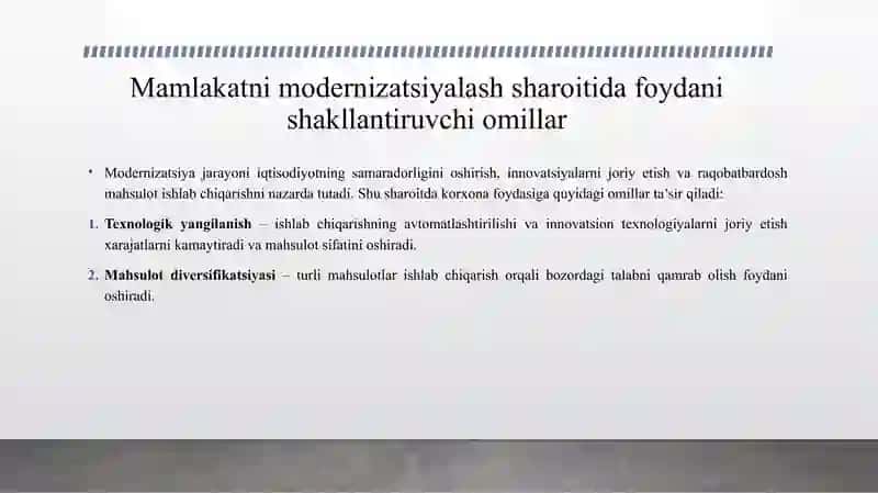MAMLAKATNI MODERNIZATSIYALASH SHAROITIDA KORXONA FOYDASI VA UNI MAKSIMMALLASHTIRISH YOʻLLARI 4