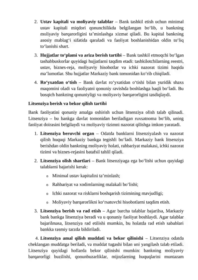 BANKLARNI TASHKIL ETISH VA LITSENZIYALASH TARTIBI 4