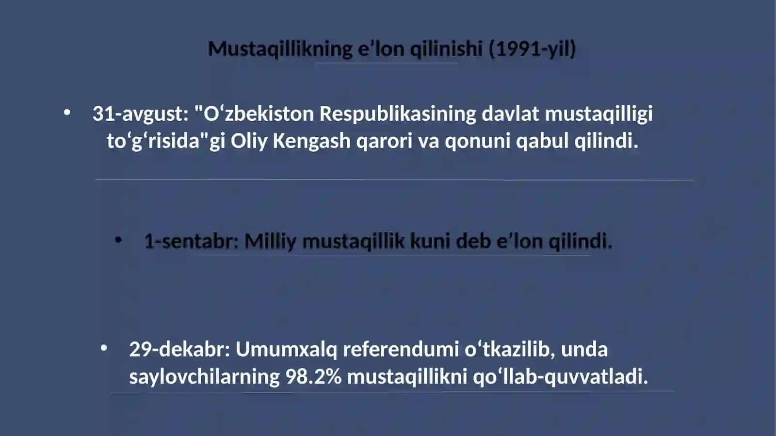 O'zbekiston Respublikasining tashkil topishi va uning tarixiy ahamiyati. O'ziga xos istiqlol va taraqqiyot yo'li 4
