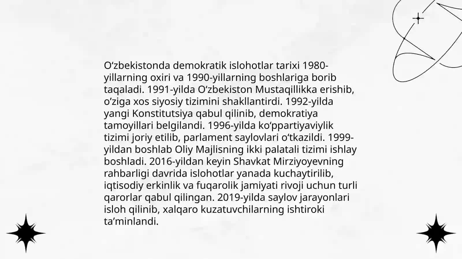 Oʻzbekiston demokratik, fuqarolik jamiyati asoslarining shakllantirilishi, amalga oshirilgan siyosiy islohotlar 4