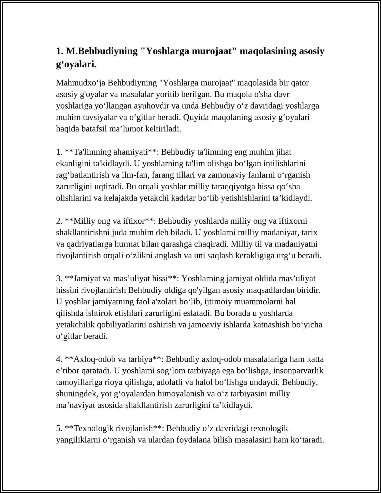 M.BEHBUDIYNING “YOSHLARGA MUROJAAT” VA “MUHTARAM YOSHLARGA MUROJAAT” MAQOLALARINI TAHLIL ETISH VA ESSE TAYYORLASH 4