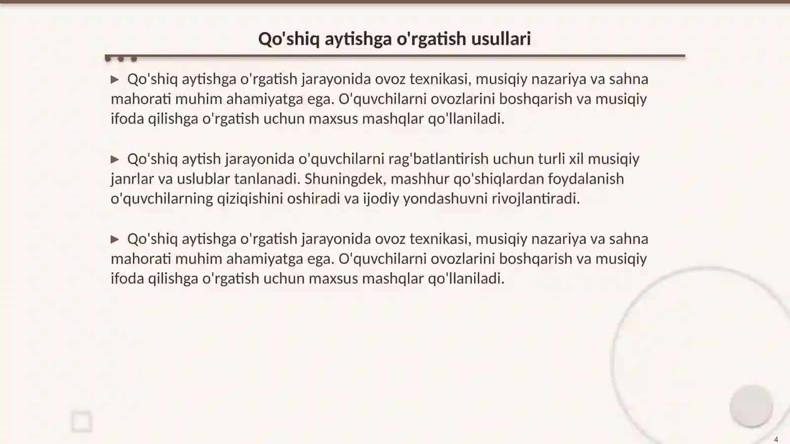 Raqs xarakatlariga. qo'shiq aytishga, musiqa tinglashga. musiqa asboblarida ijrochilikka o'rgatish usullari va yo'llari 4
