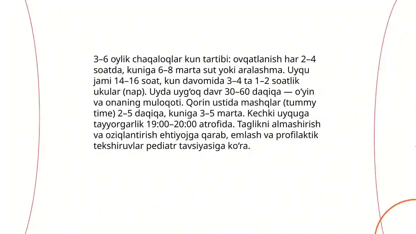 Yangi tug‘ilgan chaqaloqlar (0–3 oy) uchun kun tartibi 4