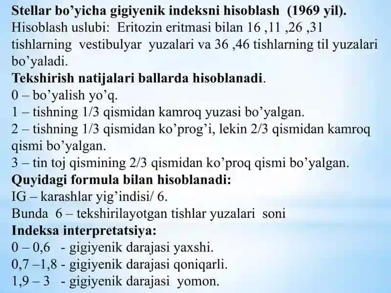 Og’iz bo’shlig’i gigiyenasi indeksi ko’rsatkichlari.JSST kriteriylari. 4