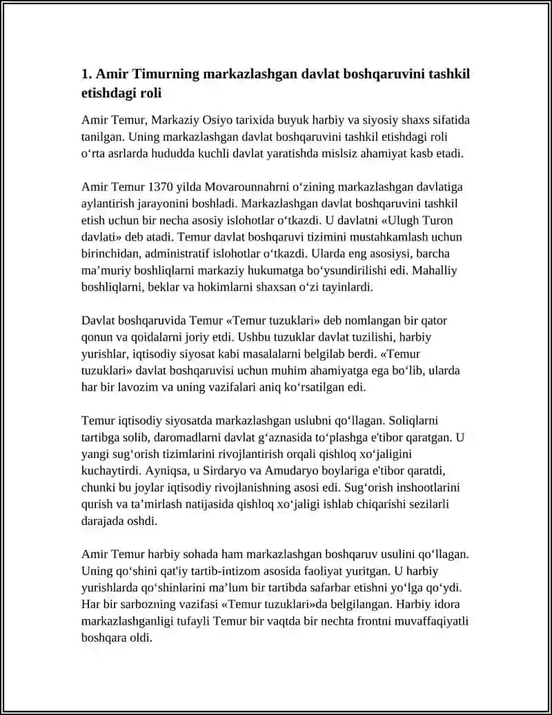 Amir Timurning markazlashgan davlat boshqaruvini tashkil etishdagi roli 4
