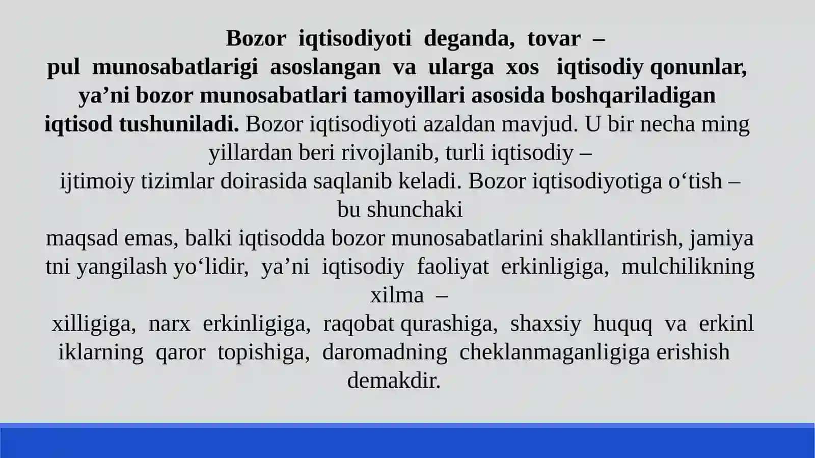 Iqtisodiy islohotlar, xususiy mulkchilikning shakllanishi. O‘zbekistonda bozor munosabatlarining rivojlanishi 4