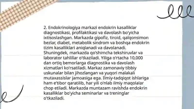 Respublika ixtisoslashtirilgan endokrinologiya ilmiy-amaliy markazi haqida va uning ishini tashkil etish 4