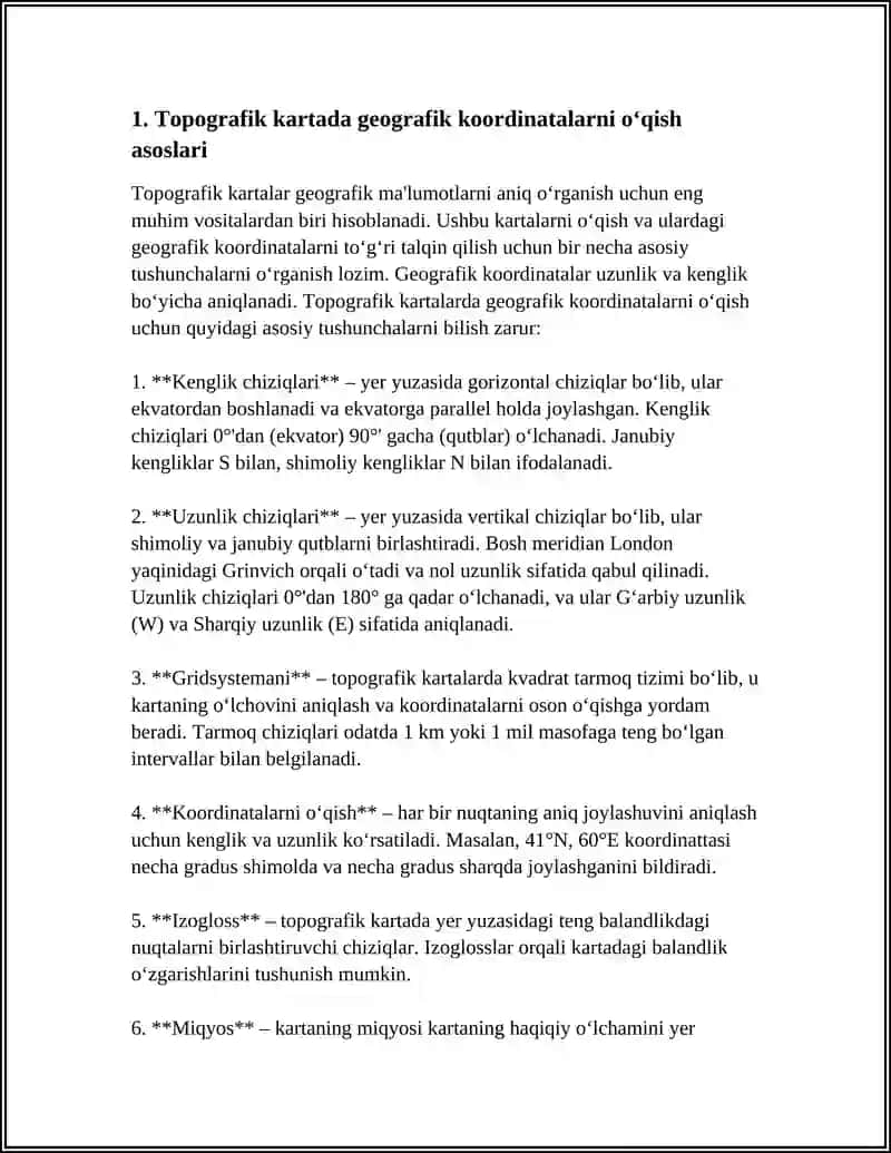 TOPOGRAFIK KARTALARDA NUQTALARNING GEOGRAFIK VA TOʻGʻRI BURCHAKLI KOORDINATLARINI ANIQLASH 4