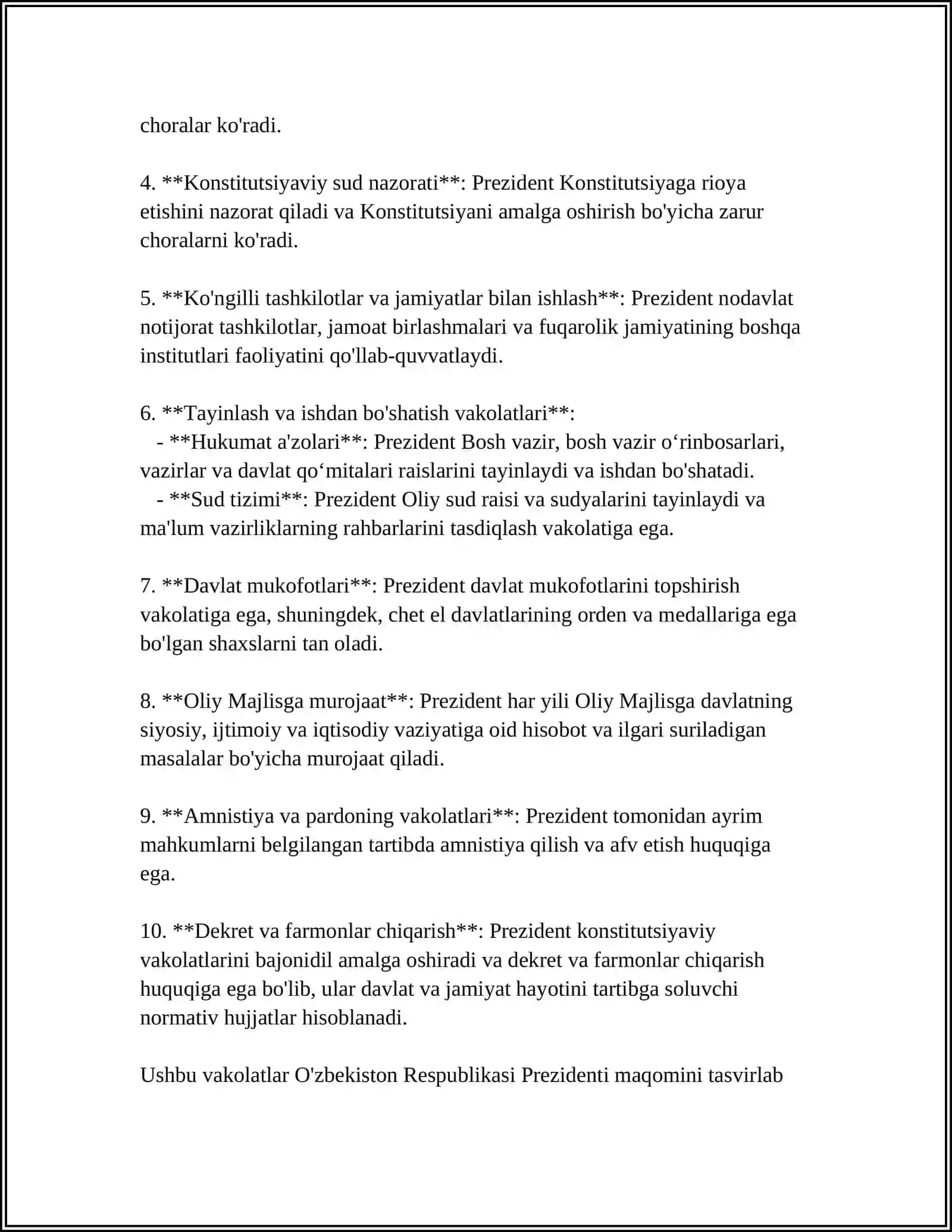 MUSTAQIL ISH Mavzu: O'ZBEKISTON RESPUBLIKASI PREZIDENTINING VAKOLATLARI VA QABUL QILADIGAN NORMATIV-HUQUQIY HUJJATLARI.O'ZBEKSITON RESPUBLIKASI VAZIRLAR MAHKAMASINING HOKIMIYAT TIZIMIDAGI ÓRNI VA ASOSIY VAZIFASI 4