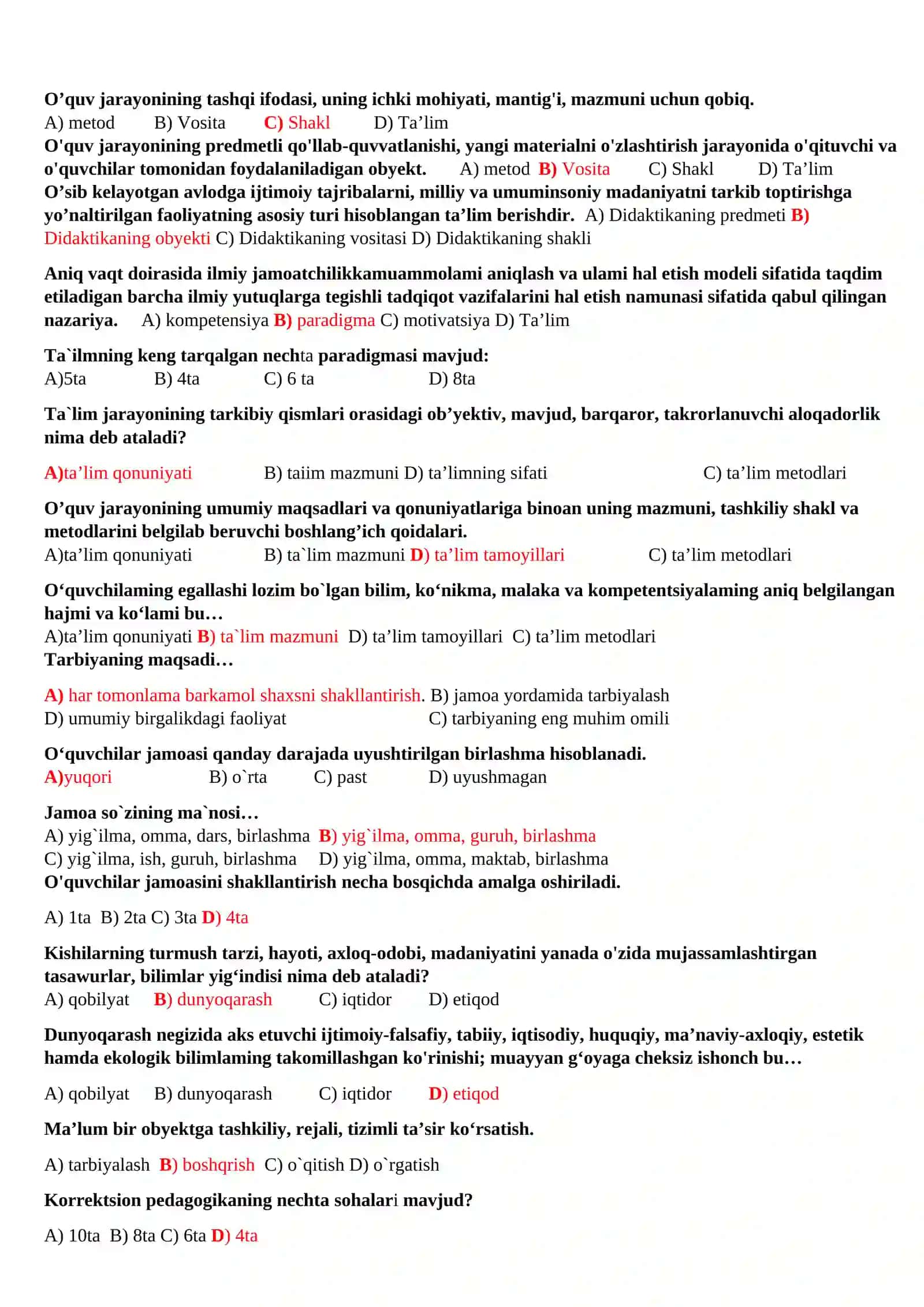Pedagogika fanidan test savollar 4