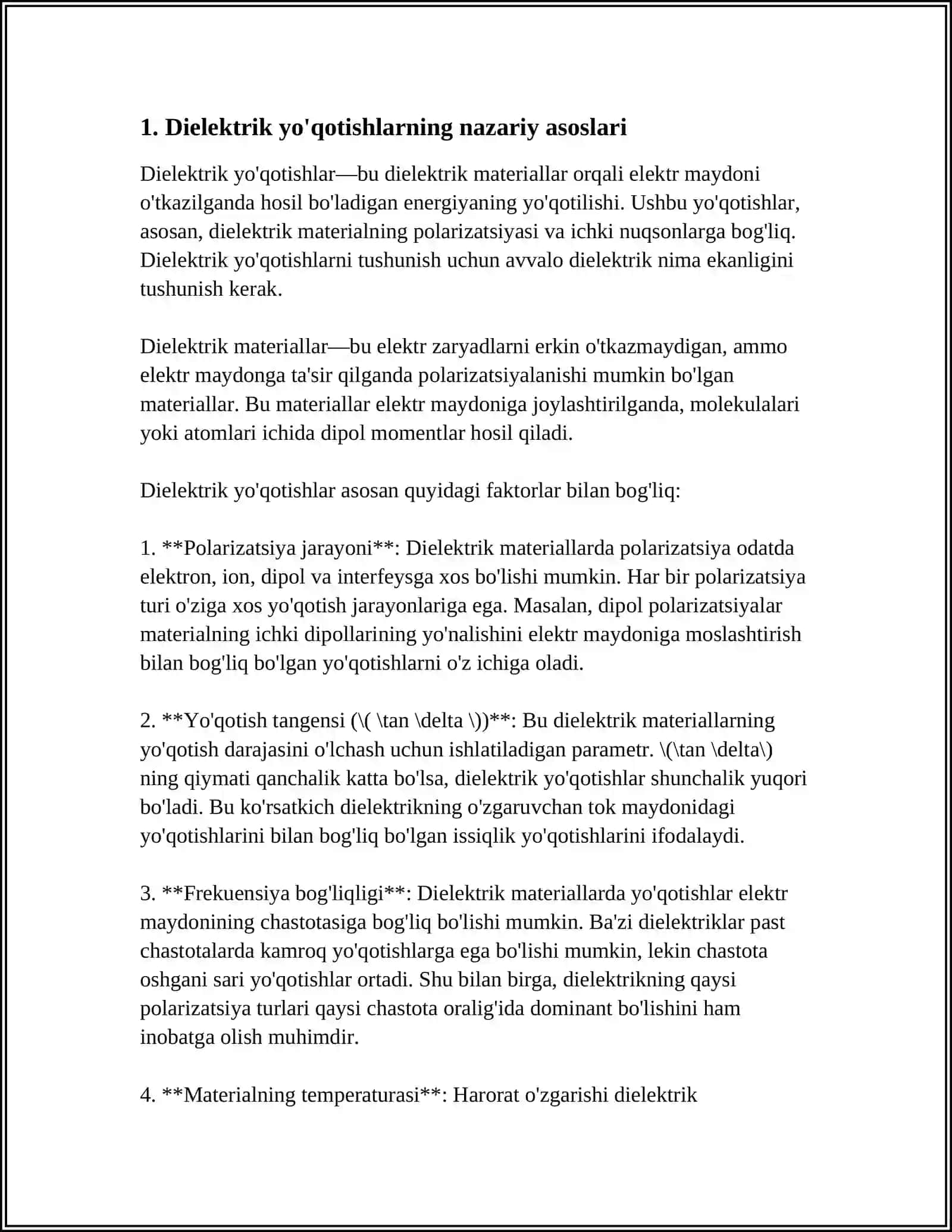 DIELEKTRIK YO'QOTISHLAR. DIELEKTRIKLAR TESHILISHLAR (BUZILISHI) 4