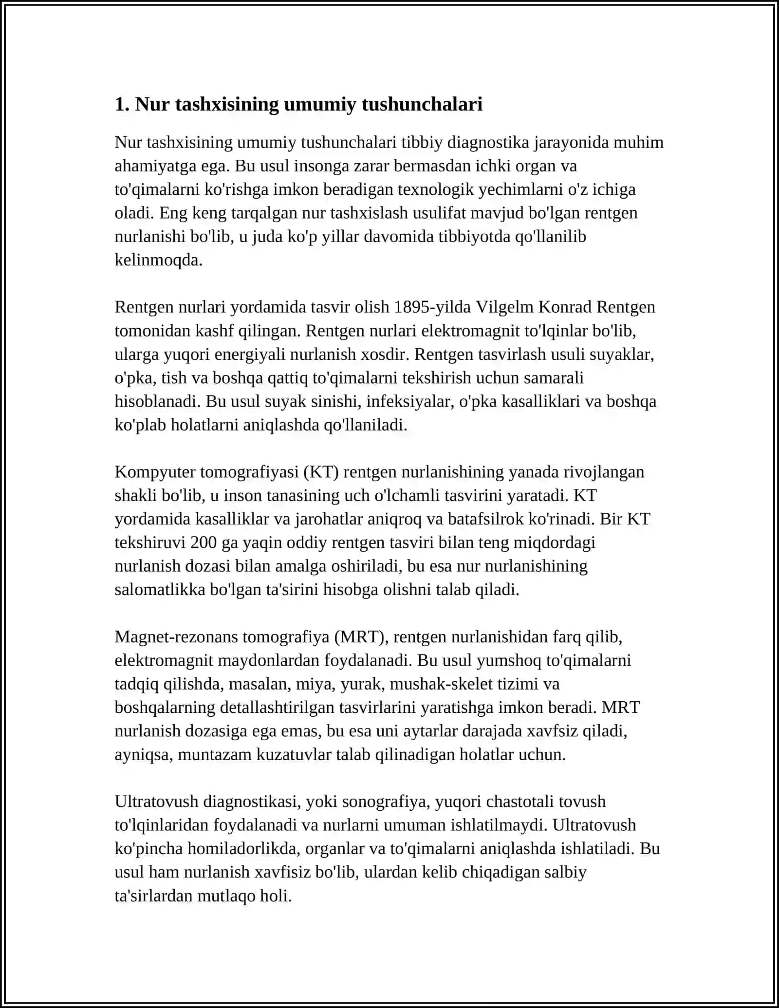 NUR TASHXISIGA KIRISH.NUR TASHXISI USULLARI.TIBBIY RADIOLOGIYA RIVOJLANISH TARIXI.IONLASHTIRUVCHI NURLAR, ULARNING ASOSIY BIOLOGIK XUSUSIYATLARI.TASVIRLAR TURLARI VA XARAKTЕRITSIKALARI. ANATOMIYA,FUNKTSIYA VA MЕTABOLIK JARAYONLARNI O’RGANISHDA NUR TASHXISI USULLARI AXAMIYATI 4