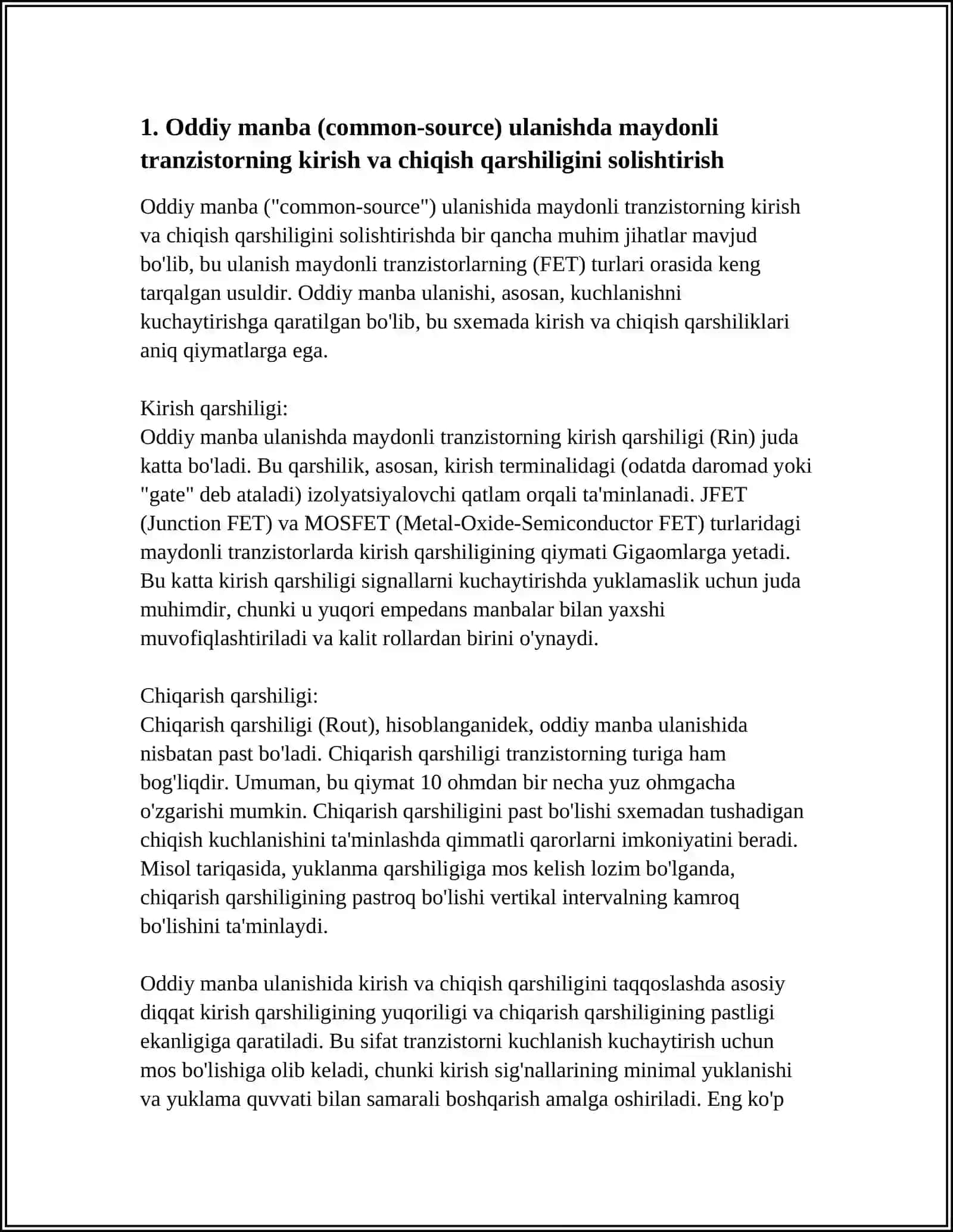MAYDONIY TRANZISTORNI TURLI ULANISH SXEMALARIDA KIRISH VA CHIQISH QARSHILIKLARINI SOLISHTIRISH 4